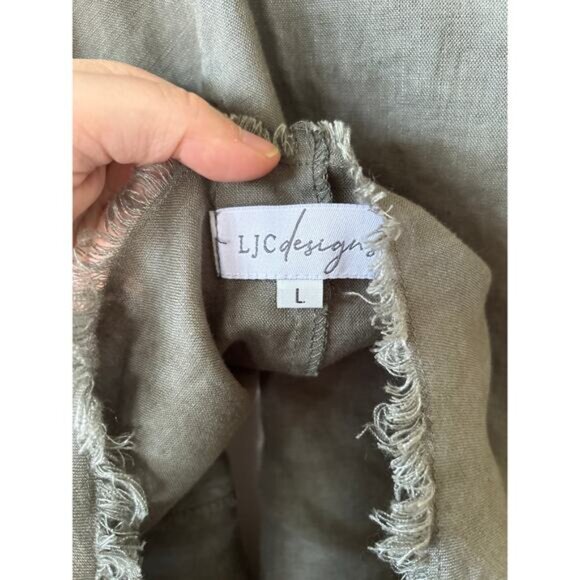 LJC Designs Olive Green Frayed Hem Linen Tulip Skirt Shift Dress - Picture 3 of 7